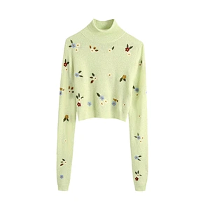 Floral Embroidery Cropped Winter Knitted Sweater women High Neck Long Sleeve Girl Pullovers Tops