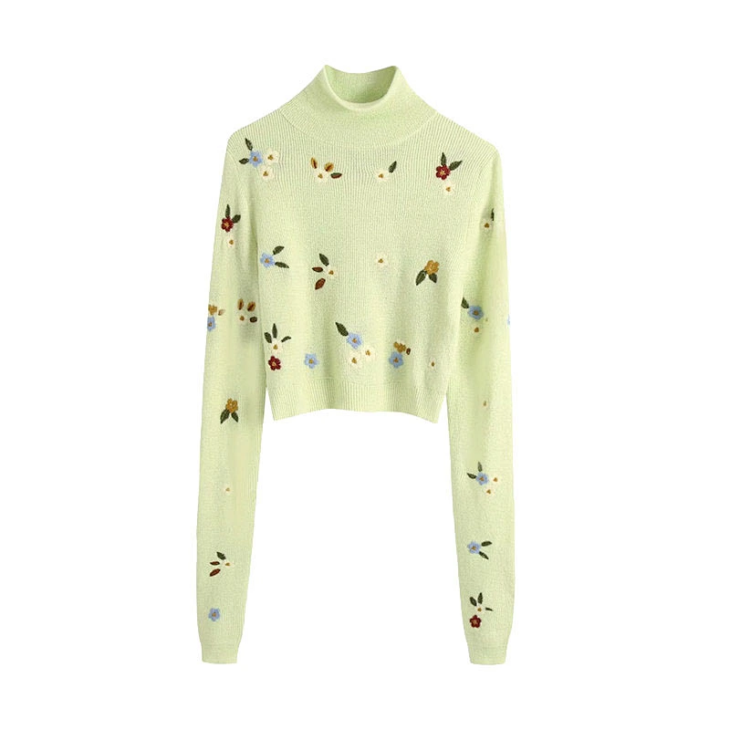 Floral Embroidery Cropped Winter Knitted Sweater women High Neck Long Sleeve Girl Pullovers Tops