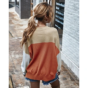 Fashion crew neck sweater color block batwing sleeve jumper loose top women knit sweater