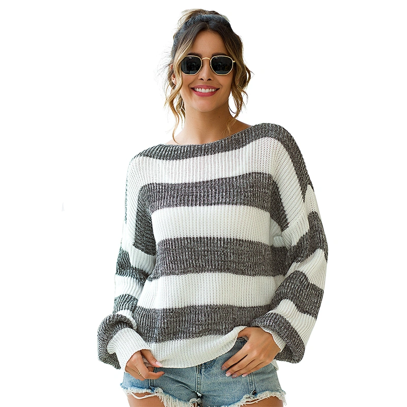 Korean style knitted & cotton long sleeve loose striped sweaters for women