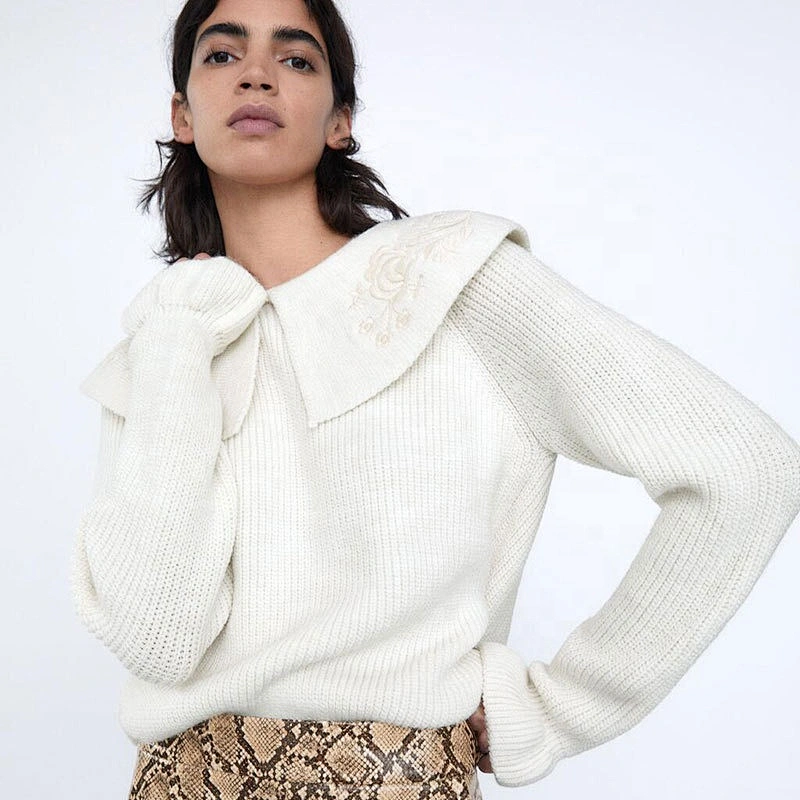 crop top knitted fall sweaters women Collar winter Embroidered women's fashion sweater