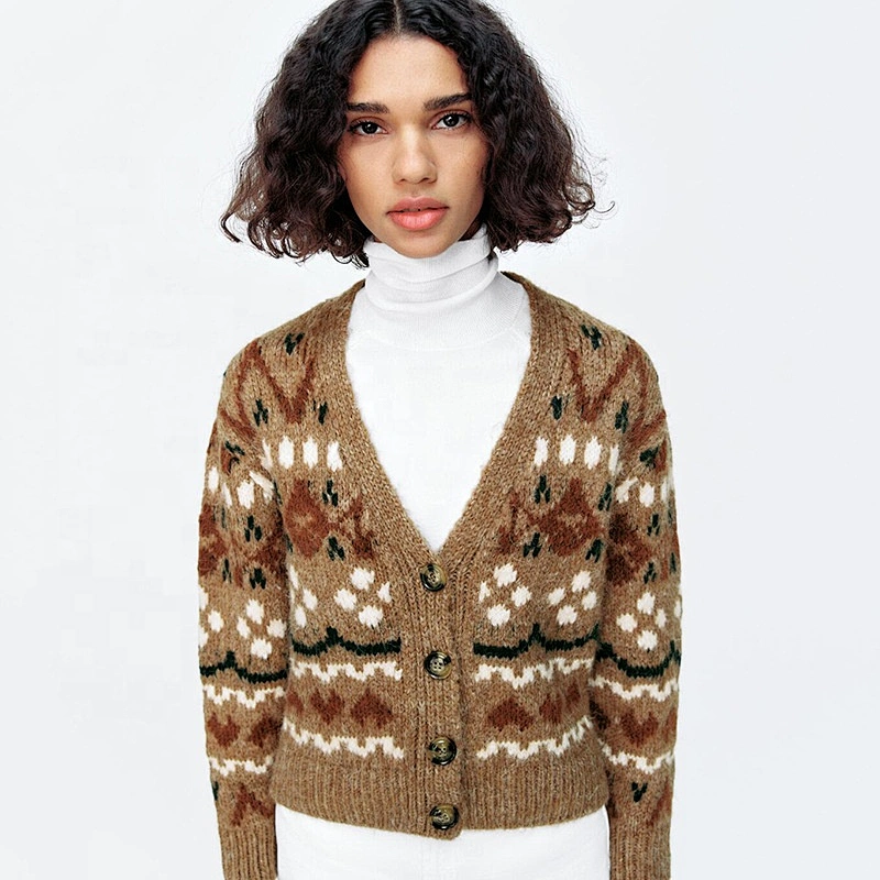 Winter With Buttons Jacquard oversized sweater stylish shirts  plaid cardigan women's long knit loose sweaters