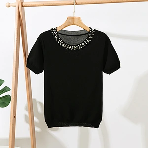 Summer solid color top blouse ladies beaded short sleeve loose round neck pullover knitwear women plus size t shirt