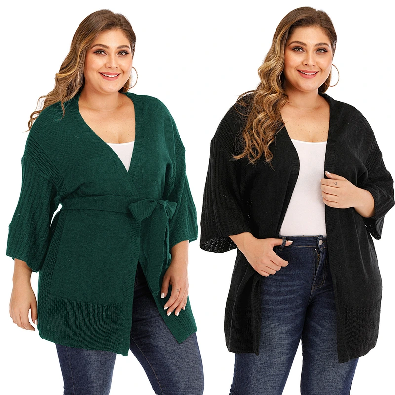 Plus size women's deep V neck knit sweater loose cardigan strap casual sweaters