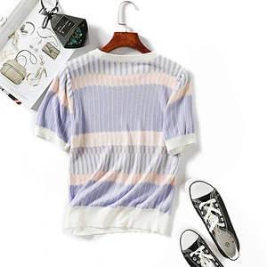 Summer thin sweater women's T-shirt round neck knit striped casual shirt knitted blouse