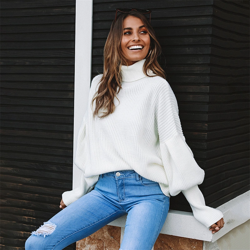 Turtleneck pullover solid color ladies fahion leisure sweater