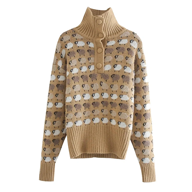High Neck pullover hoodies womens with Buttons Loose Jacquard  trendy women sweaters