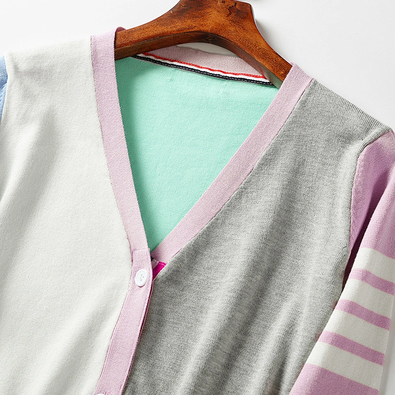 Winter jacket women V-neck knitwear color-blocking cardigan sweaters
