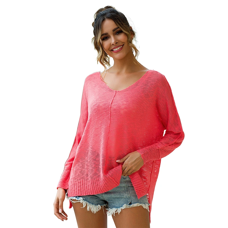 Latest new design summer v neck nylon long sleeve pullovers casual breathable clothes women knit sexy sweater