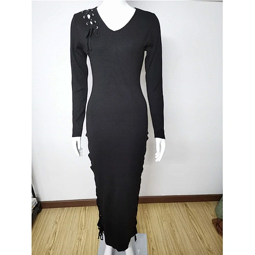 New Trending Long Sleeve Knitted Women V Neck Maxi Bodycon Sweater Dress