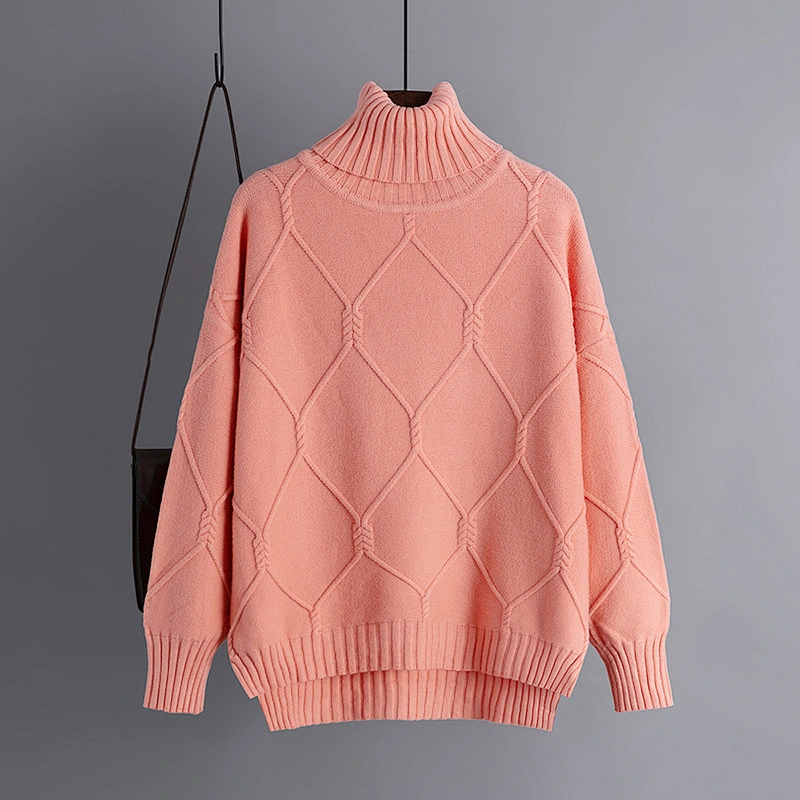 High neck fashion new turtleneck warm sweater loose pullover plus size knit sweater for women