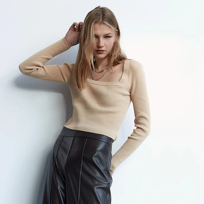Stretch Slim Cropped sweater tops women party Vintage Square Collar sexy sweaters for women