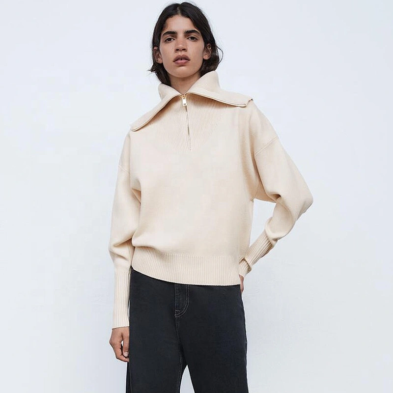 Ribbed Trim Loose Knitted Zip-up casual zipper sweater women High Collar turtle neck oversized sweaters