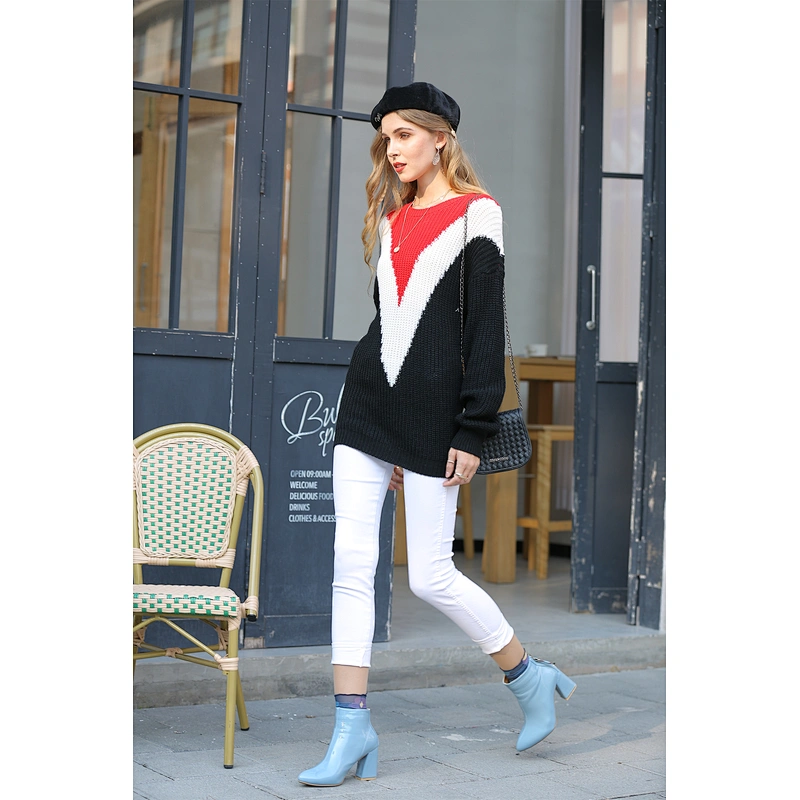 Women contrast round neck knitwear mid-length clothing top long-sleeved sweater