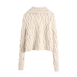Pompoms Cropped Knitted cardigan with Button Rice White  casual sweater women cable knit sweaters