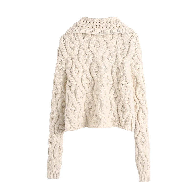Pompoms Cropped Knitted cardigan with Button Rice White  casual sweater women cable knit sweaters
