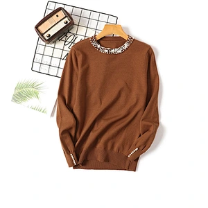 Winter beaded pullover blouses tops knitted women round neck long-sleeved sweater