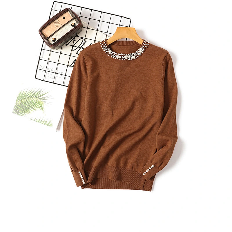 Winter beaded pullover blouses tops knitted women round neck long-sleeved sweater