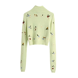 Floral Embroidery Cropped Winter Knitted Sweater women High Neck Long Sleeve Girl Pullovers Tops