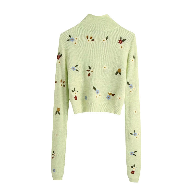 Floral Embroidery Cropped Winter Knitted Sweater women High Neck Long Sleeve Girl Pullovers Tops
