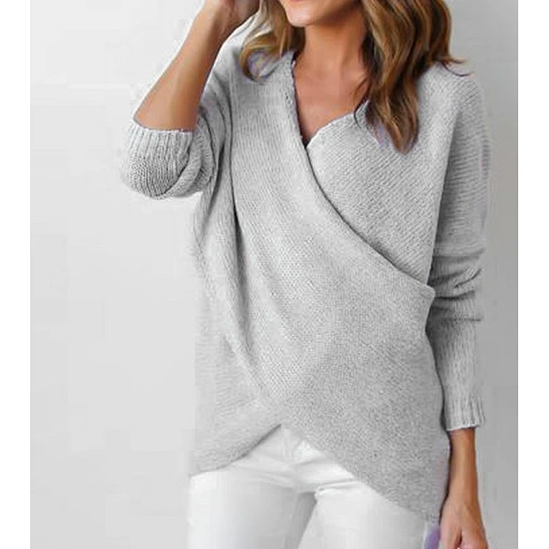 Women clothing autumn casual knitted sweater V-neck Irregular bottom sweater in stock