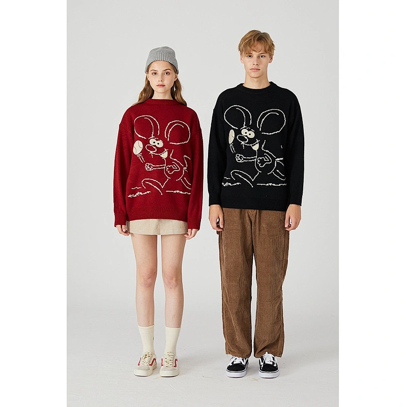 Mens cropped knitted crew neck sweater oversized heavy mouse couple pullover soft knit sweater