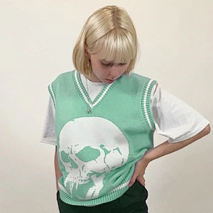 Skull print V neck loose casual sweater vest women fashion oversized women vest sweater