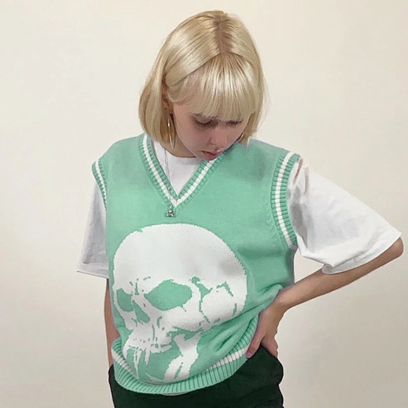 Skull print V neck loose casual sweater vest women fashion oversized women vest sweater