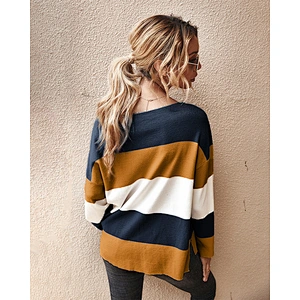 Fall clothing for women color block stripe loose top ladies apparel stock knit sweater