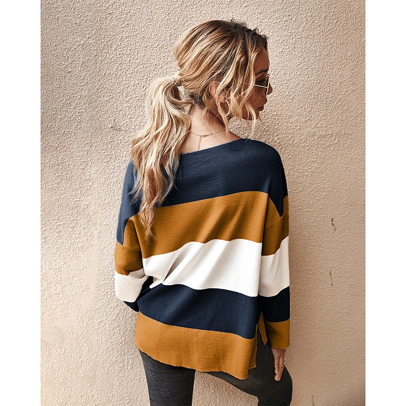 Fall clothing for women color block stripe loose top ladies apparel stock knit sweater