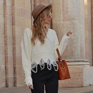 Autumn winter girls stylish knitted pullover sweater women's V neck fringed frayed short sweater
