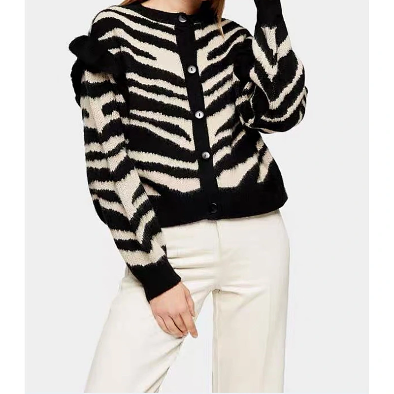 Zebra Print Ruffled Cropped knitted sweater cardigan custom women ladies girls knit sweaters