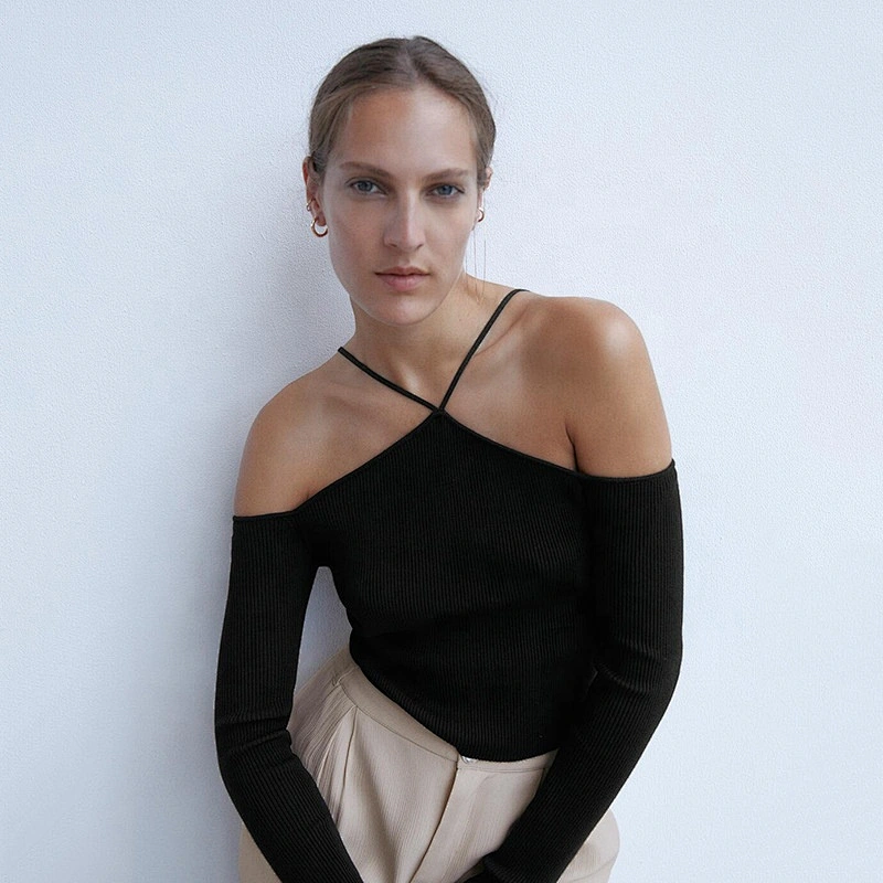Straps Cut-out women brown black sexy sweater tops  trendy ripped wholesale backles fall fashion chic sweater