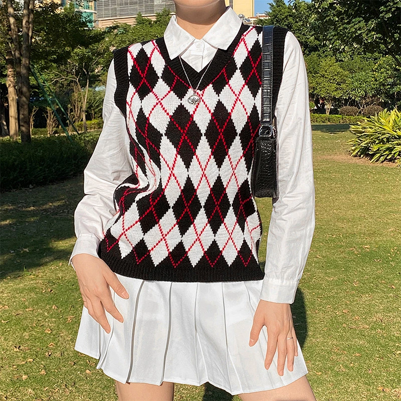 V neck wool knitted jacquard knitwear blouses diamond autumn women sweater vest
