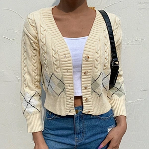 V neck Short Casual Long Sleeve sweater crop Top knit cardigan streetwear women's sweater