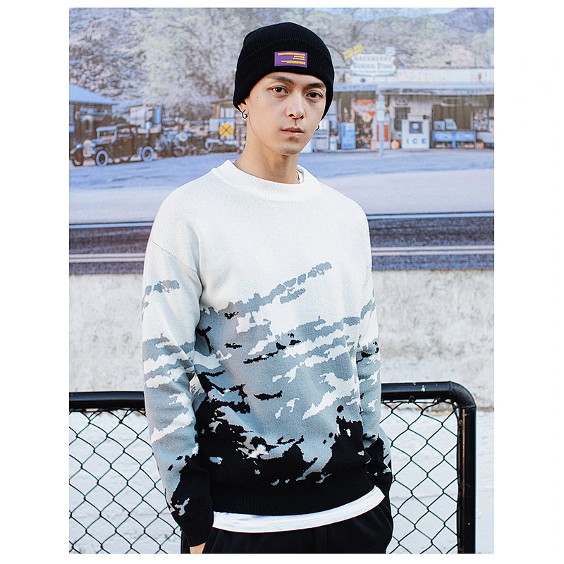 Mens  white crop sweaters crew neck pullover knitwear long sleeve custom knit men sweater