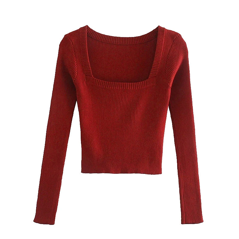 Stretch Slim Cropped sweater tops women party Vintage Square Collar sexy sweaters for women