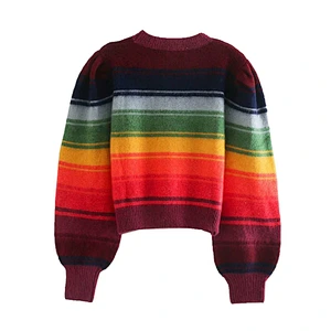 high quality jacquard knit crop top sweater women winter puff sleeve Striped Cropped mohair sweater