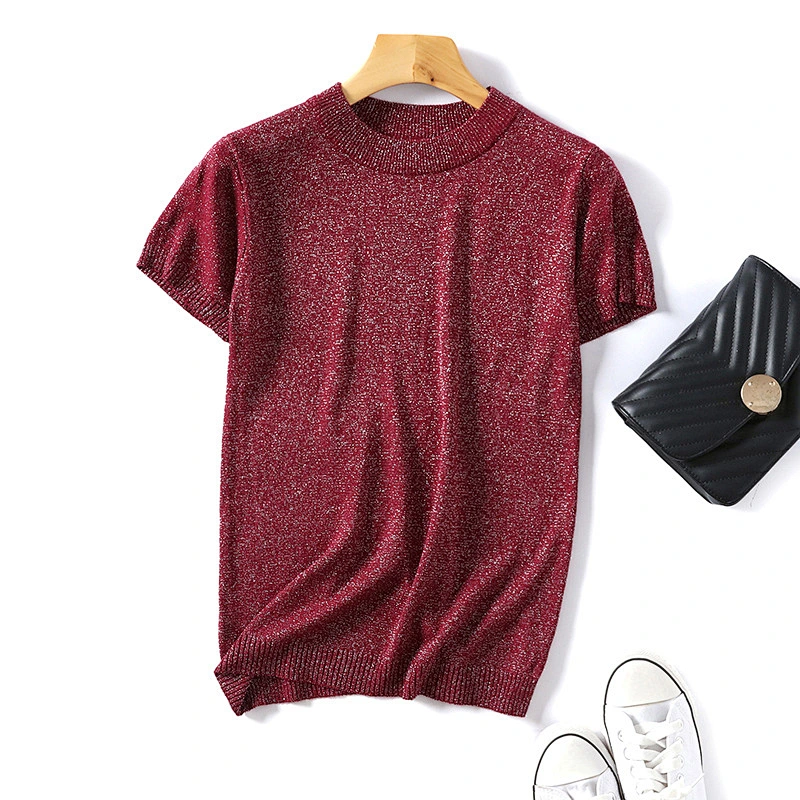 Short sleeve solid color round neck knitted female T-shirt for women summer sweater