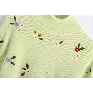 Floral Embroidery Cropped Winter Knitted Sweater women High Neck Long Sleeve Girl Pullovers Tops