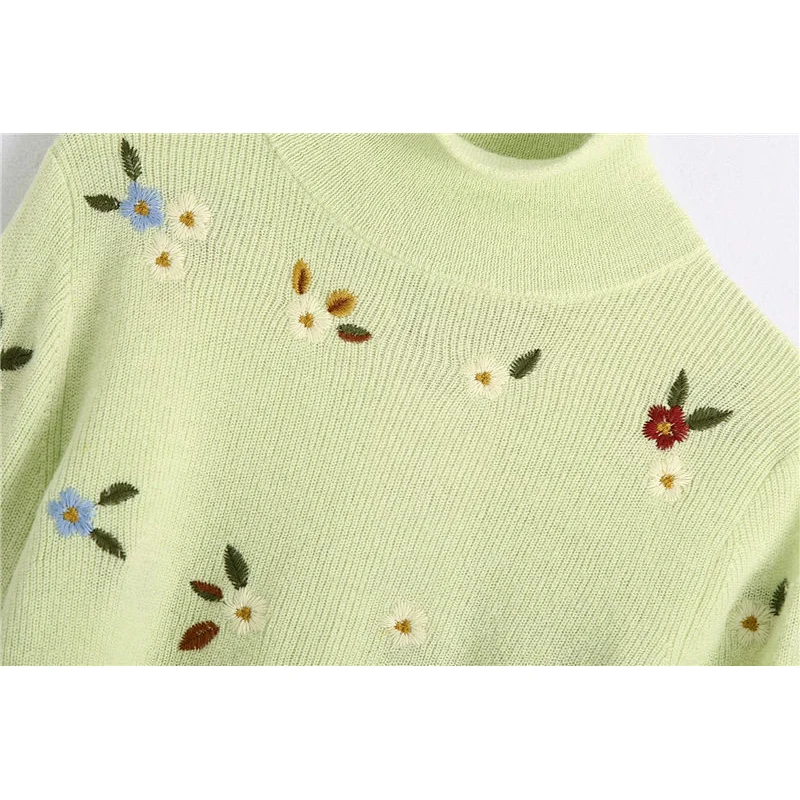 Floral Embroidery Cropped Winter Knitted Sweater women High Neck Long Sleeve Girl Pullovers Tops