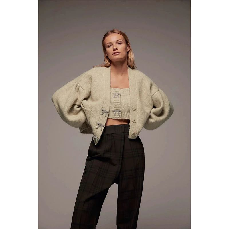 Women Fashion Knitted Cardigan Sweater Vintage Puff Sleeve Loose Tops Blouse