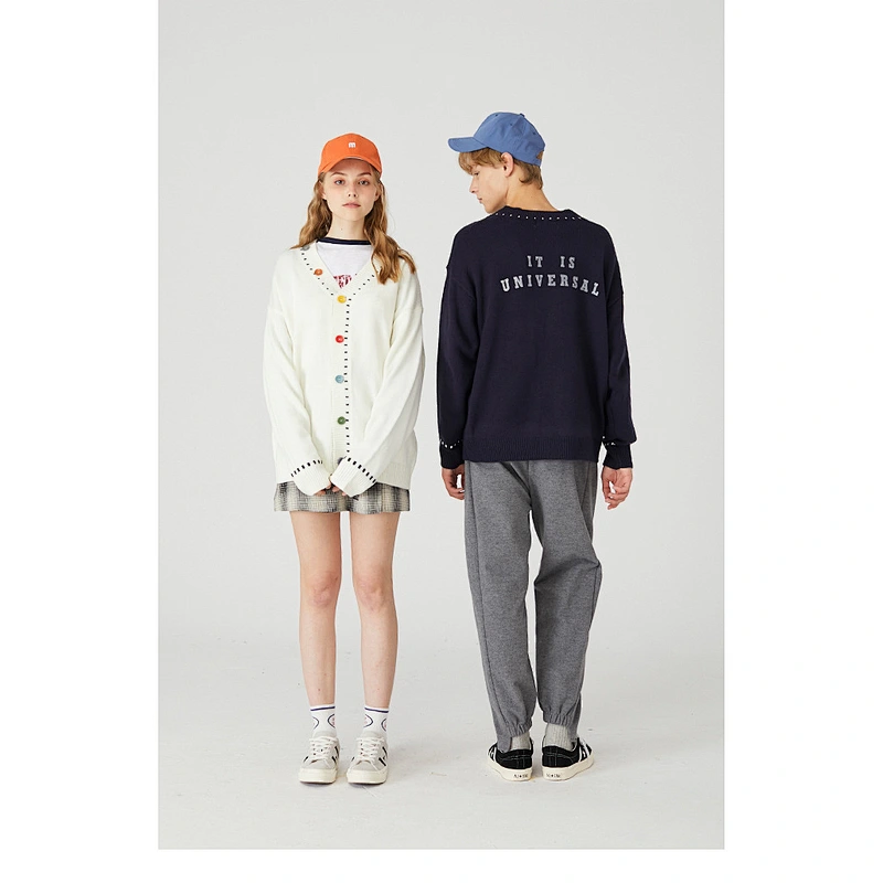 Custom wholesale printed logo knitwear couple thin sweater with buttons pullover sweater women