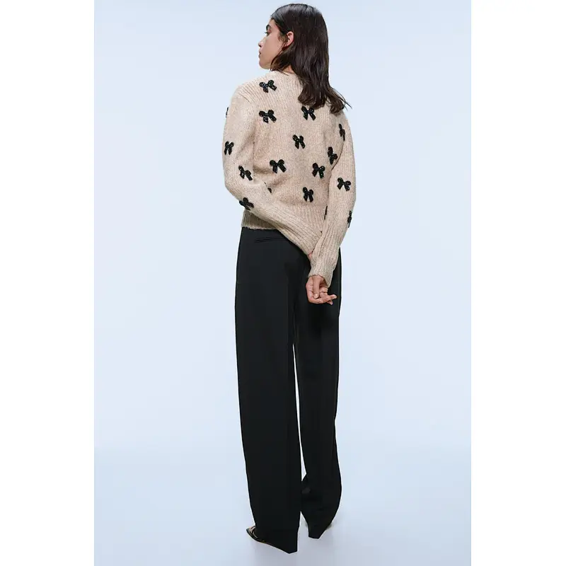 Elegant Bow Tie custom jacquard designer sweaters woolen Vintage knit crop sweaters for women