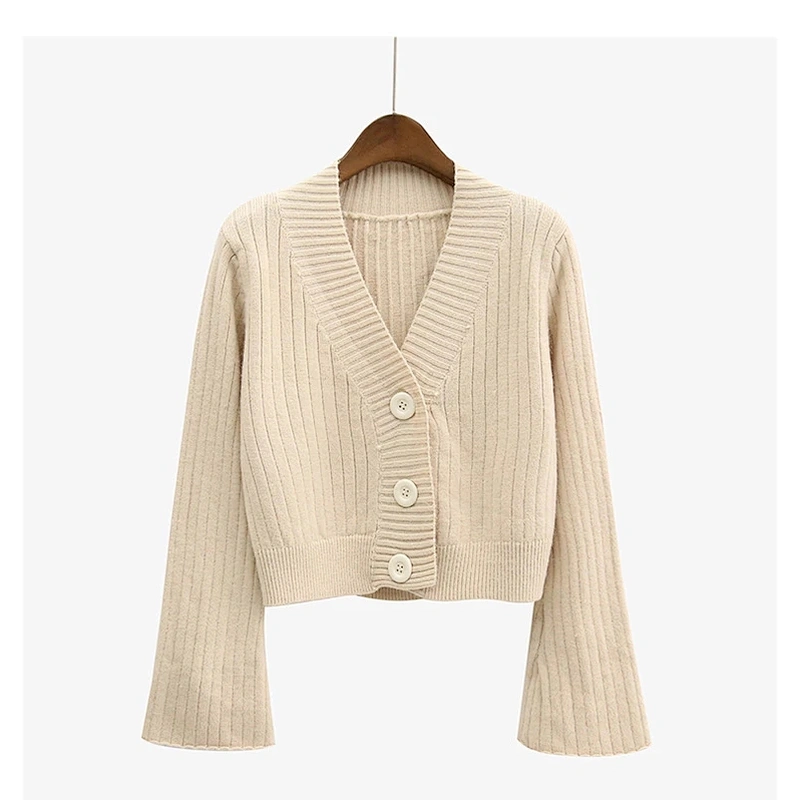 Autumn Flare Sleeve Cardigan Short Sweater Women Cotton Tops Ladies Soft Knitwear apparel stock