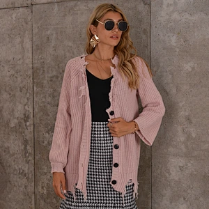 Solid color winter button V-neck knitted sweater cardigan Mid-length women sweaters