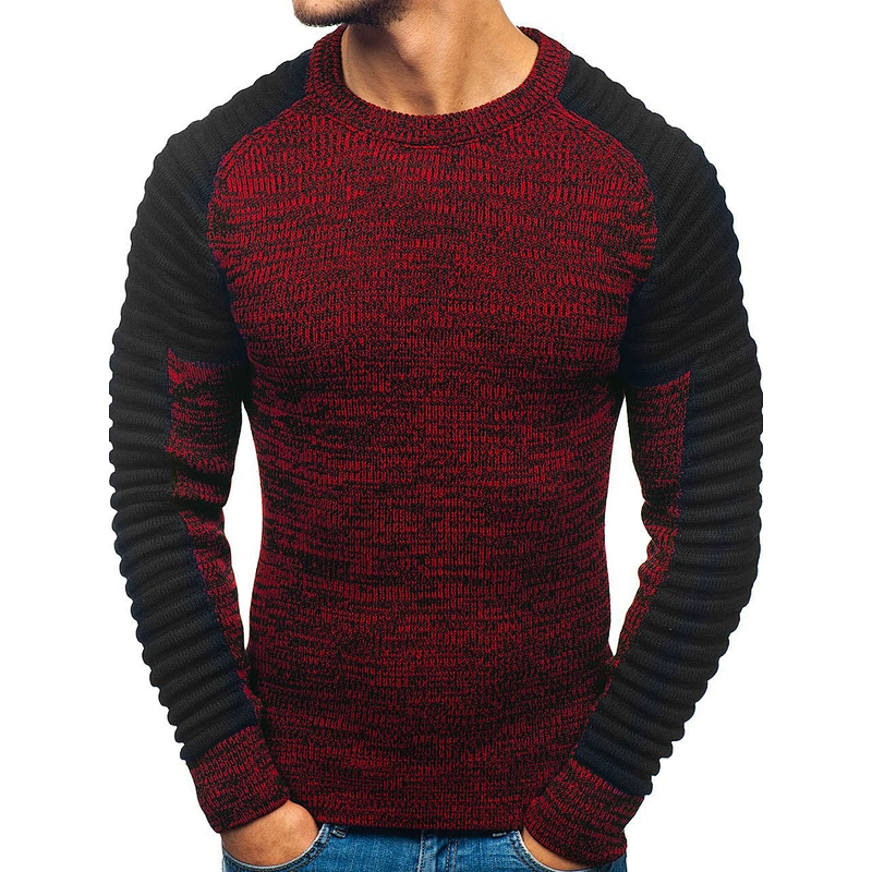 Round neck raglan sleeves striped pleated knit youth men's pullover sweaters