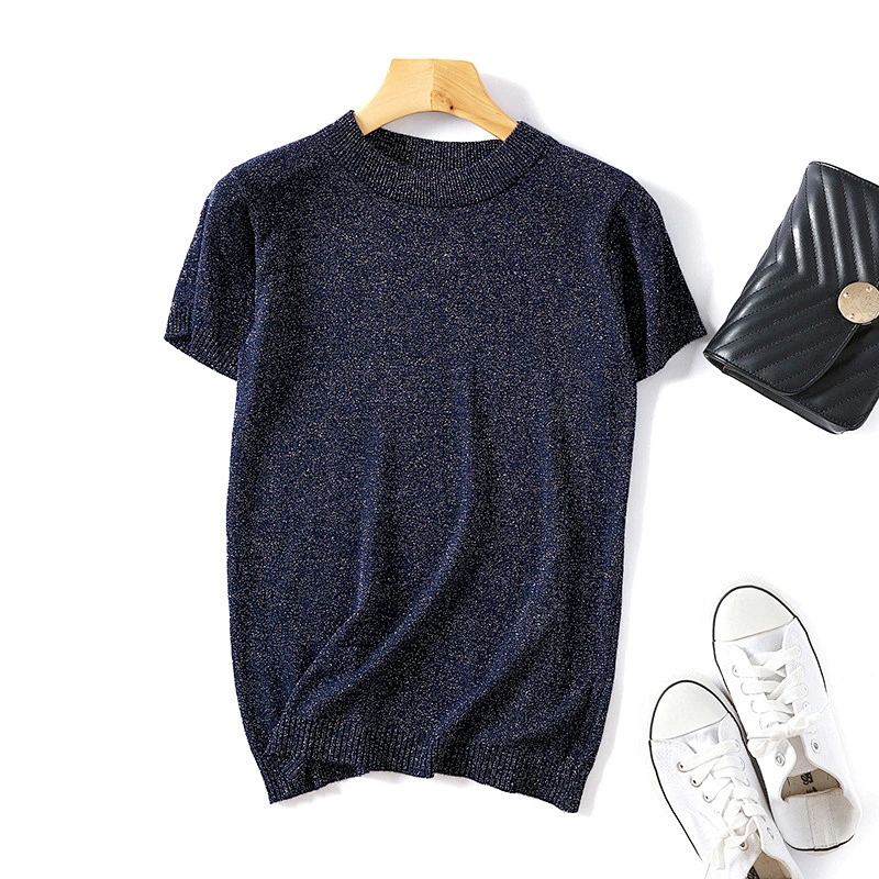 Short sleeve solid color round neck knitted female T-shirt for women summer sweater