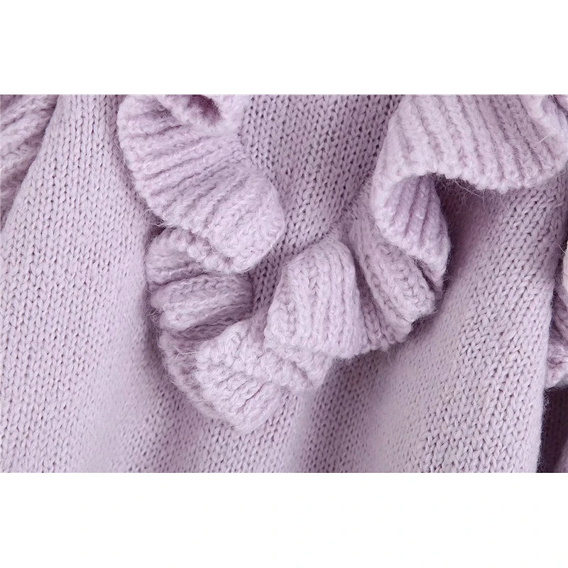 Fall Stylish Ruffles Short Knitted Sweater Women O Neck Sweet Pullovers Chic Tops Blouse