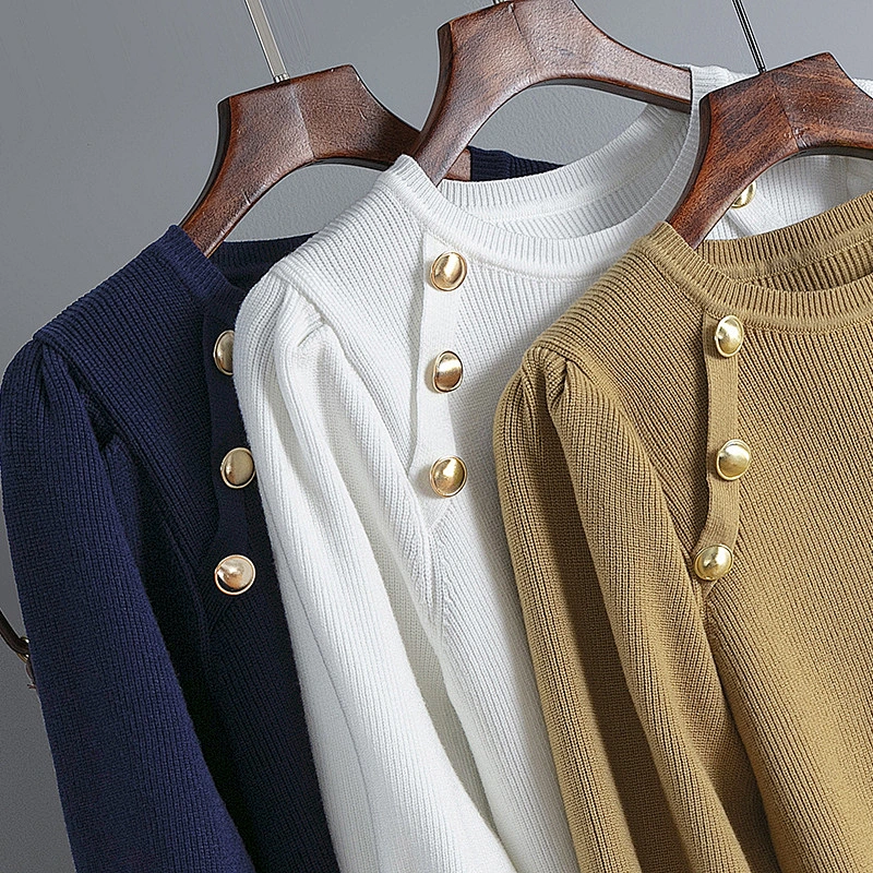 Solid color retro outfit Ruched sleeve round neck women knitted button sweater tops  blouses knitted basic sweaters